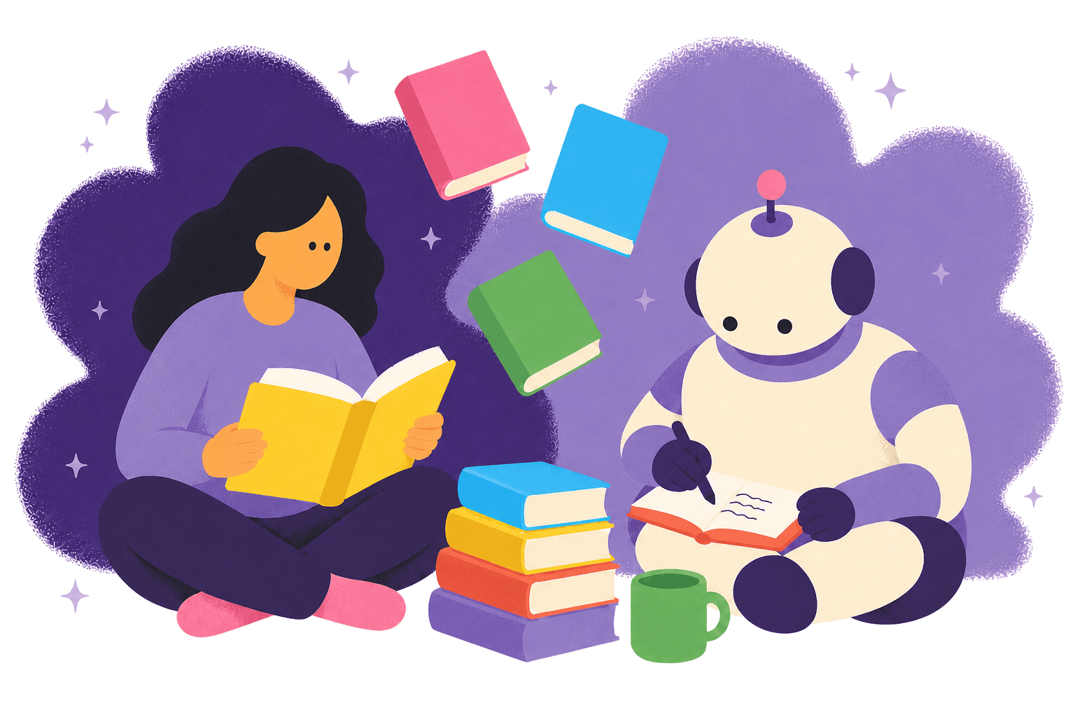 A reader and a robot co-author enjoying books together